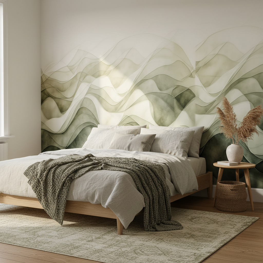 Abstract Green Wavy Lines Mural Wallpaper