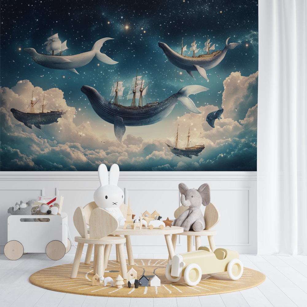 Nautical Wallpaper with Ships and Whales in the Sky | Murals Wallpaper
