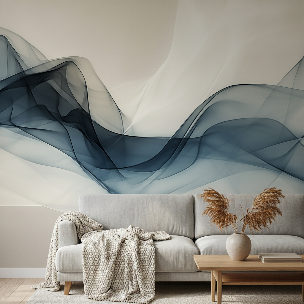 Blauwe rook abstracte golven muurschildering behang