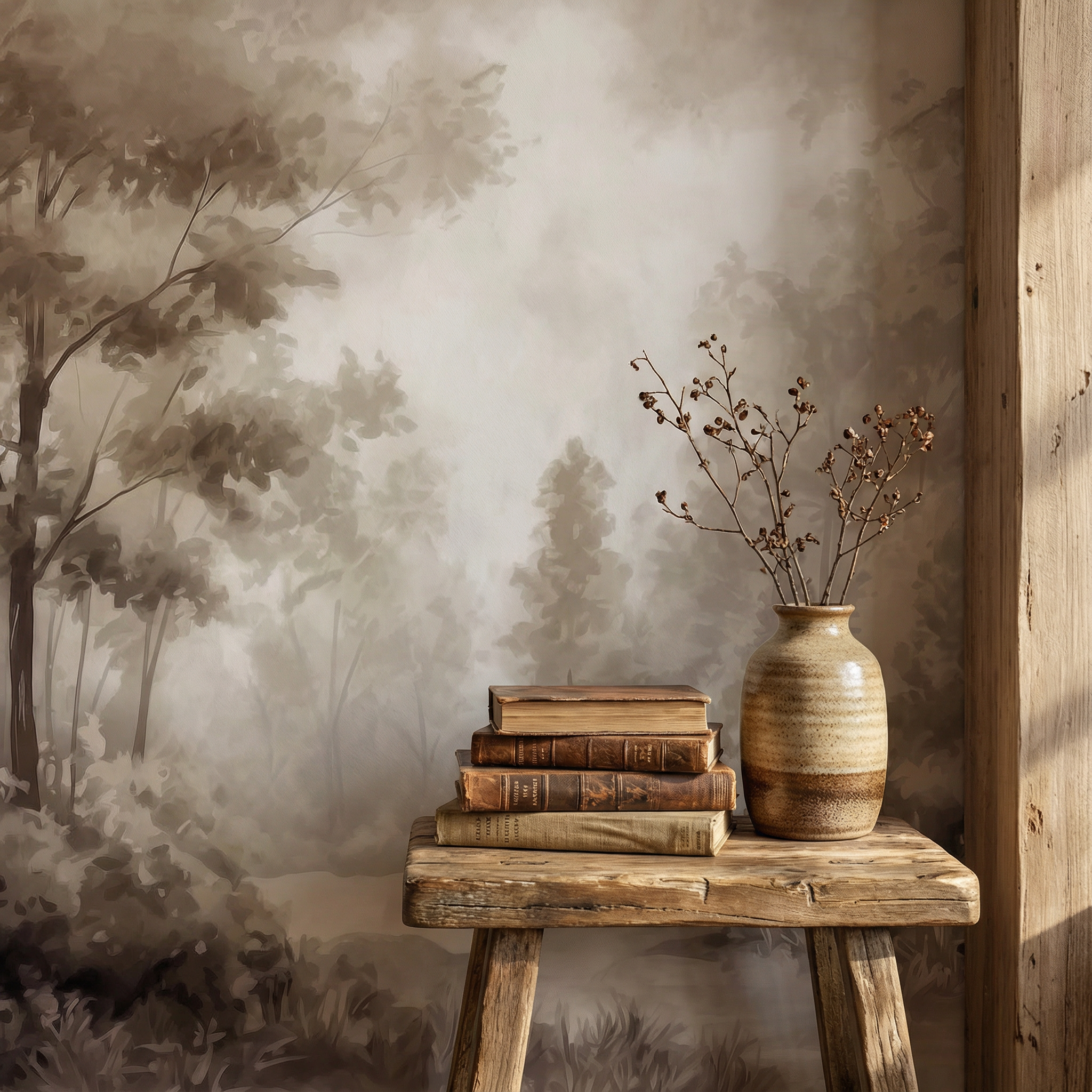Sepia Misty Forest Illustration Mural Wallpaper