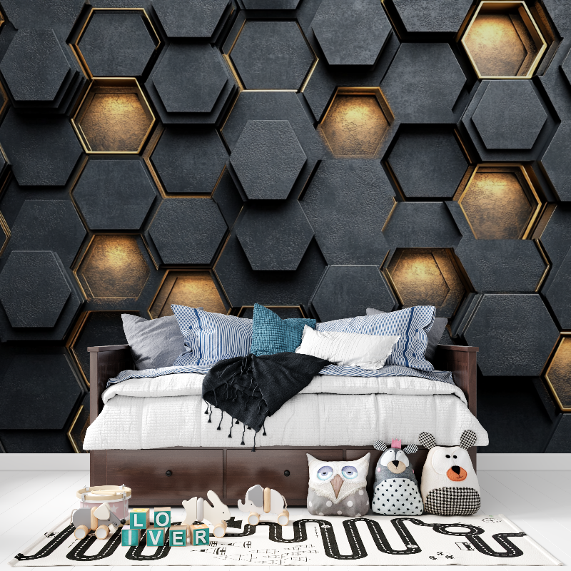 Gamer Hexagonal Tapete Schwarz und Gold | Wandbilder Tapete