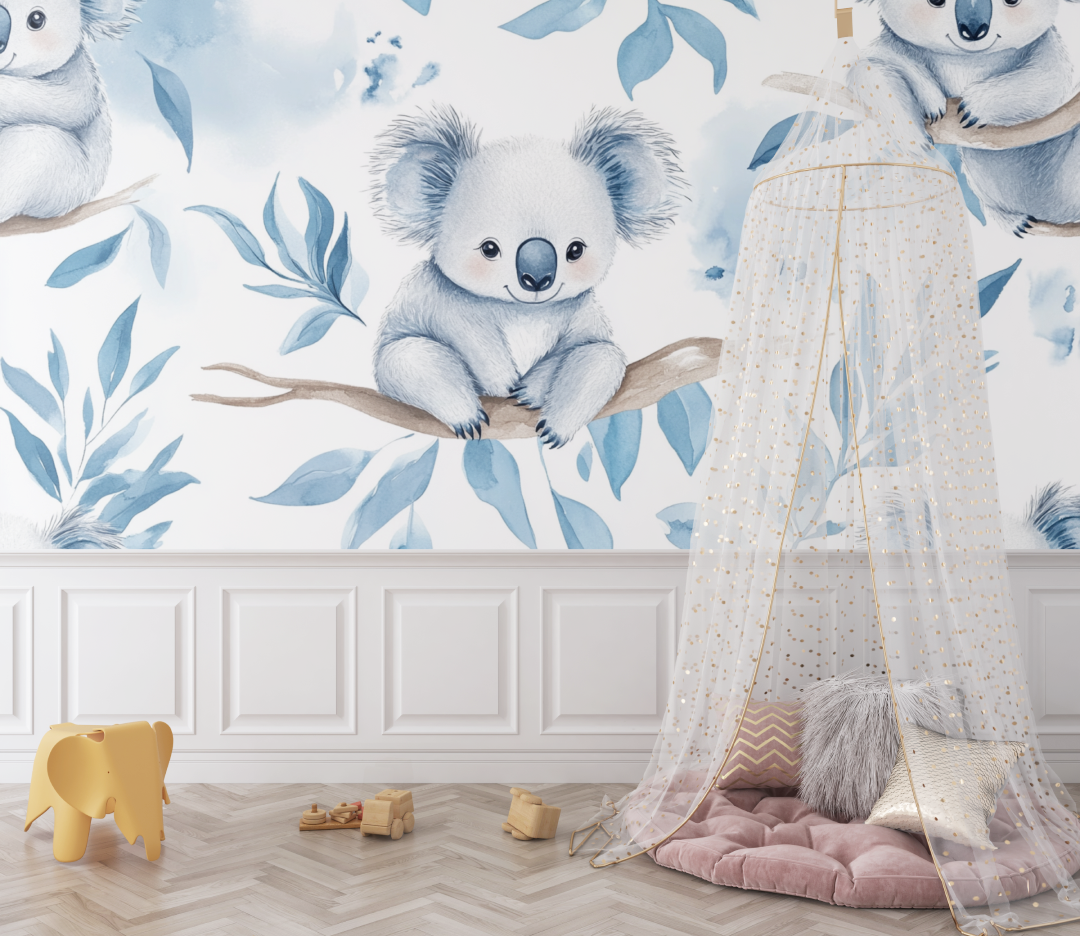 Koala-Tapete, umgeben von leichten Federn | Wandbildtapete