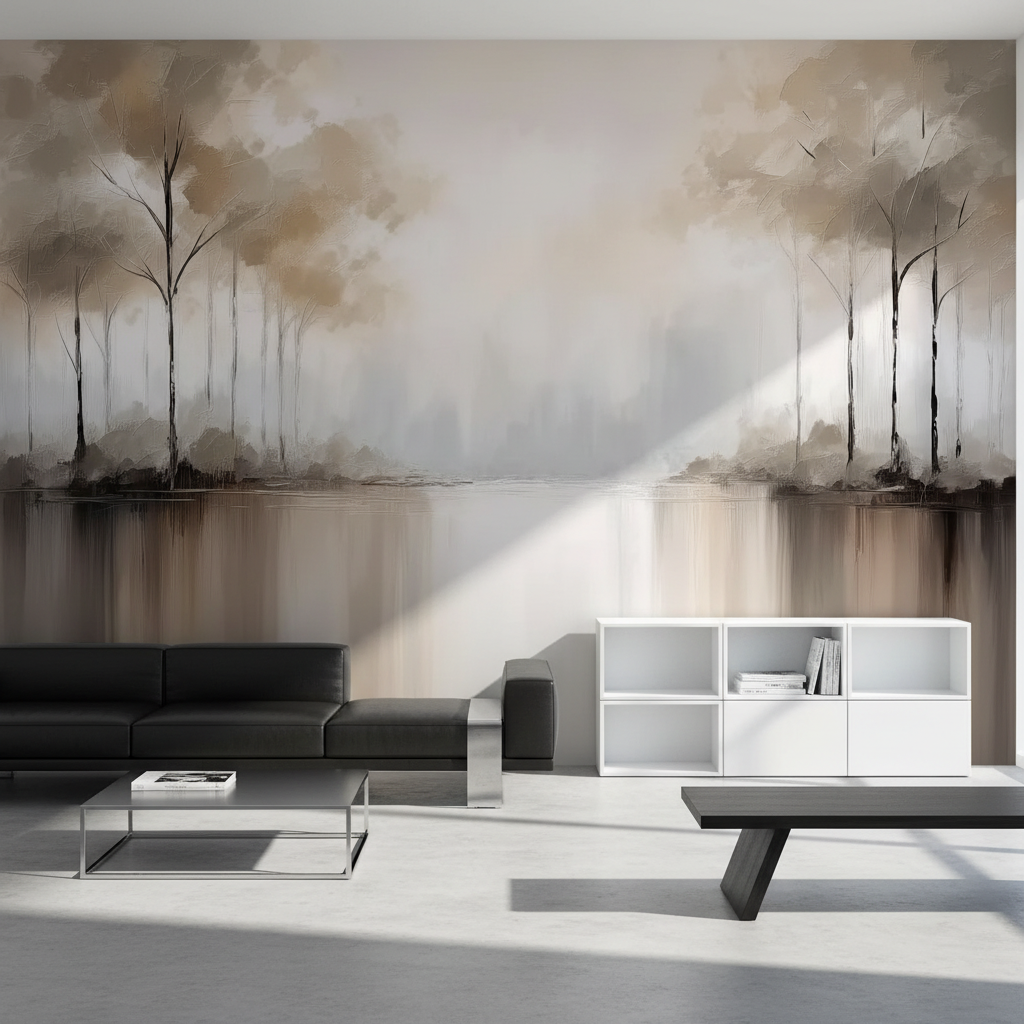 Soft Abstract Lake Trees Mural Wallpaper