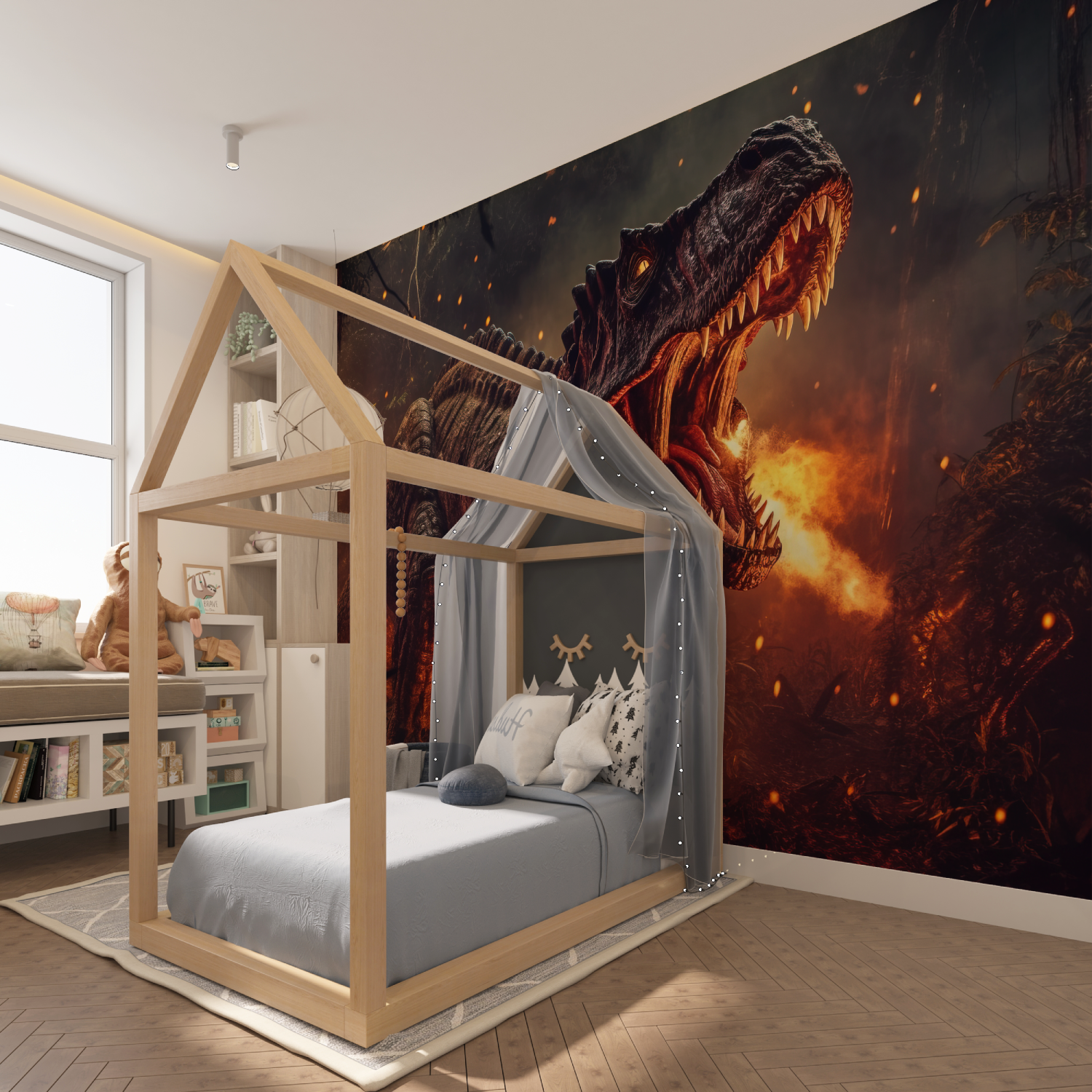 Dinosaurier T-Rex Feuer-Tapete | Wandbild-Tapete