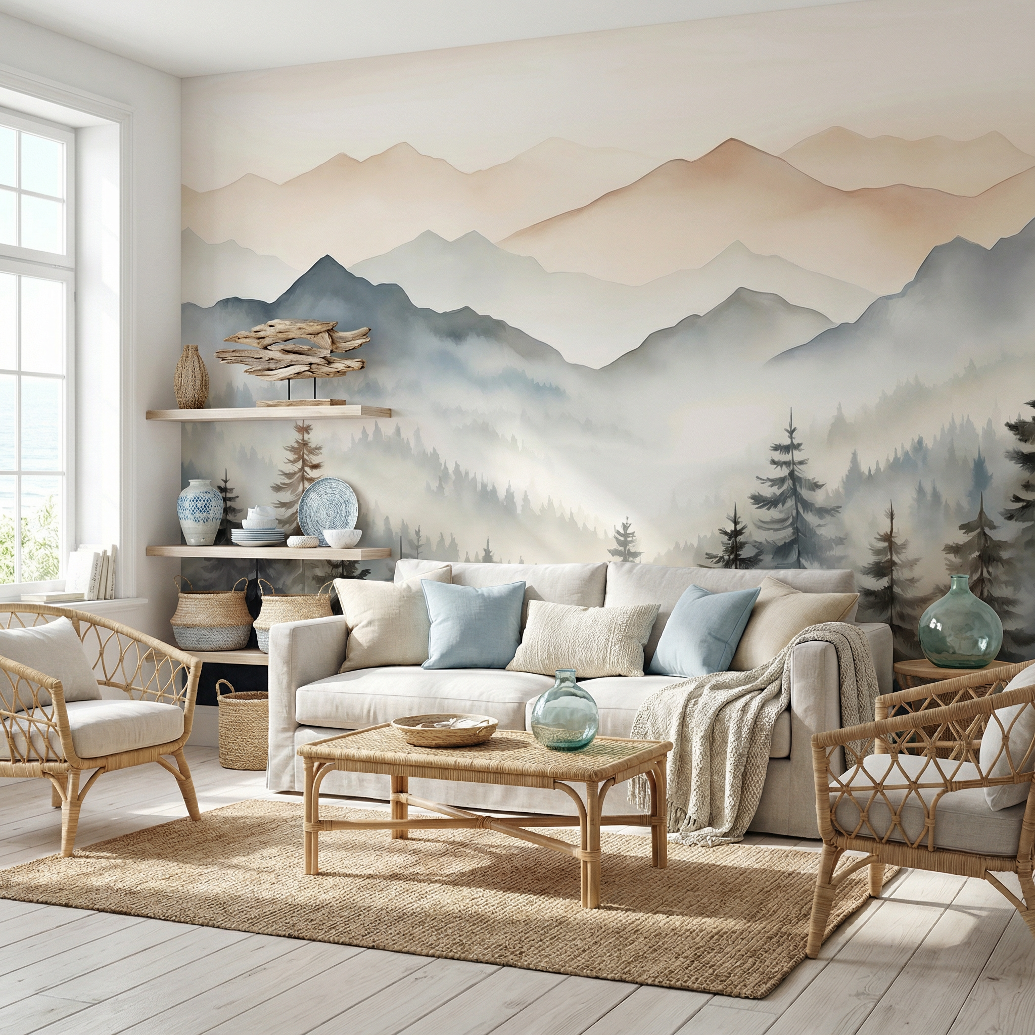 Soft Watercolor Mountain Landscape Mural Wallpaper