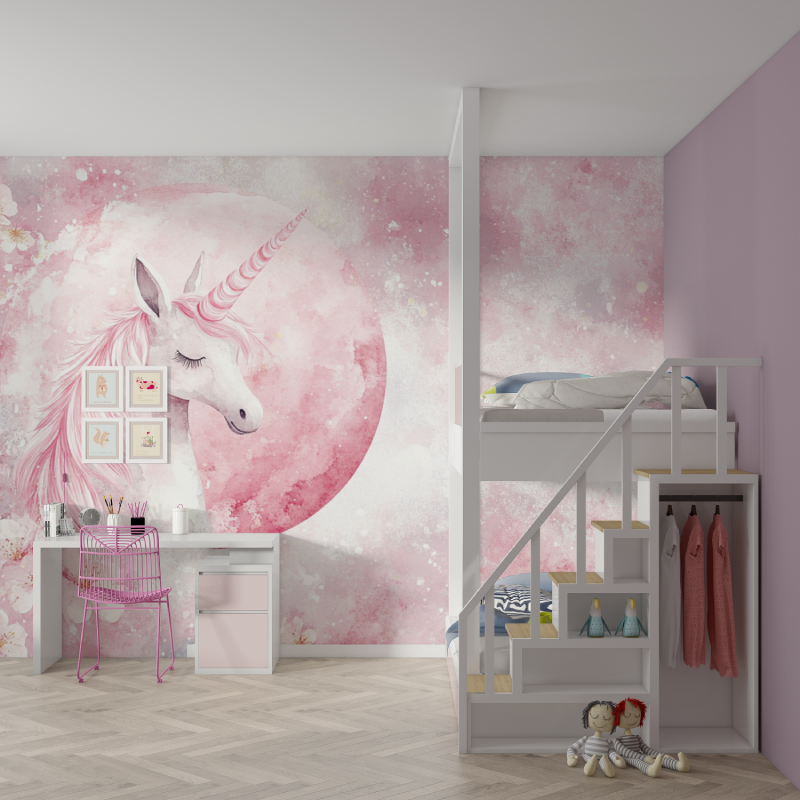 Unicorn Decor Wallpaper for Teen Room Pink Moon | Murals Wallpaper
