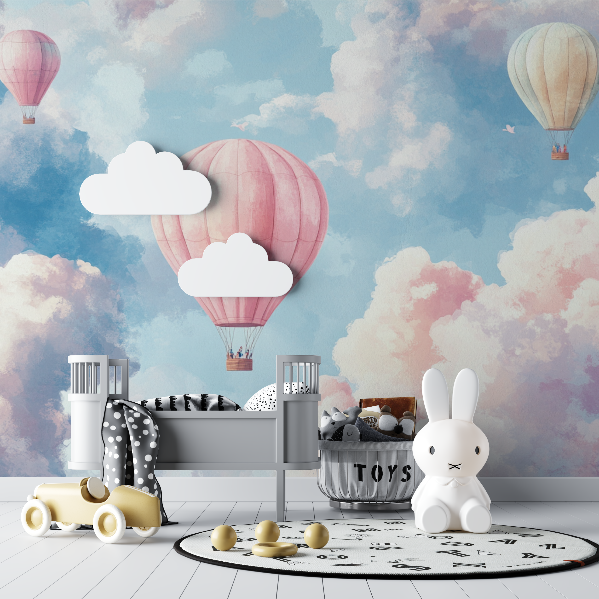 Pastellfarbener Heißluftballon und Wolken Tapete | Wandbilder Tapete