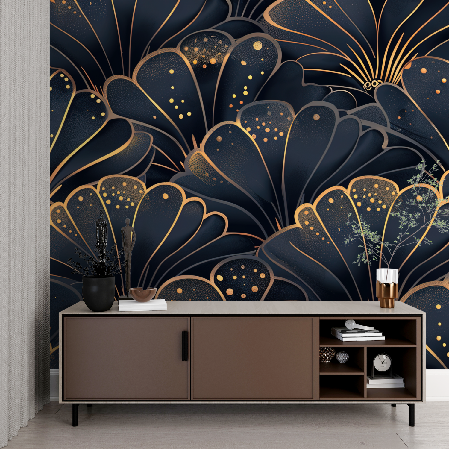 Art Deco Shells Blue and Gold Wallpaper | Murals Wallpaper