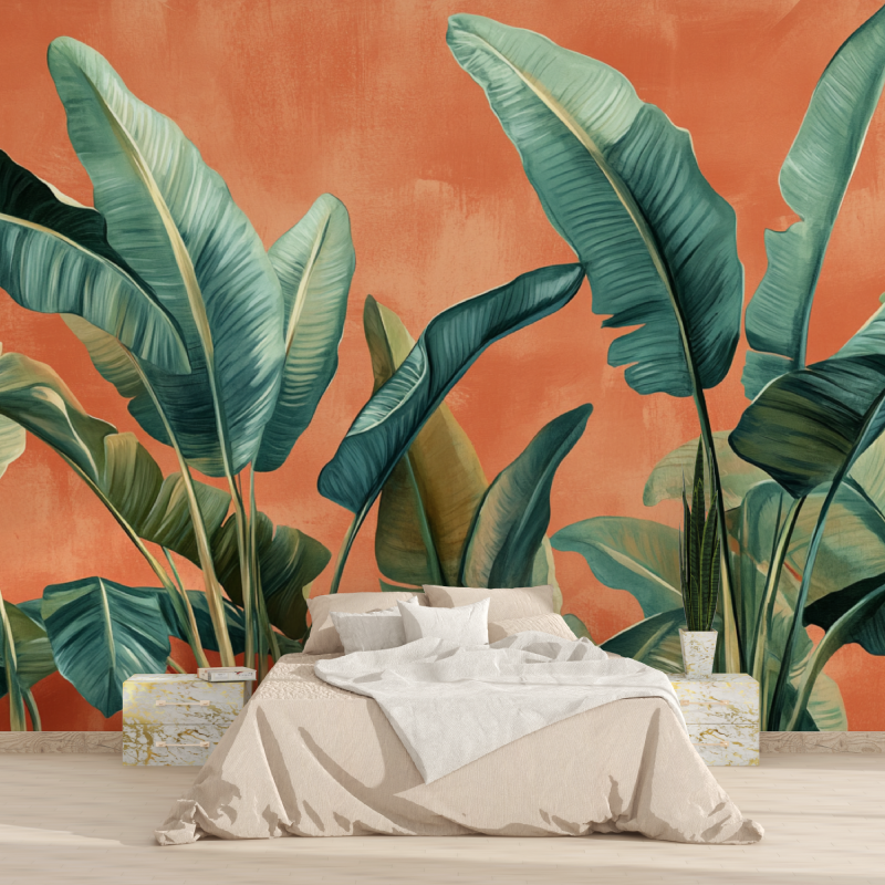 Terracotta Wallpaper with Banana Leaves | Murals Wallpaper