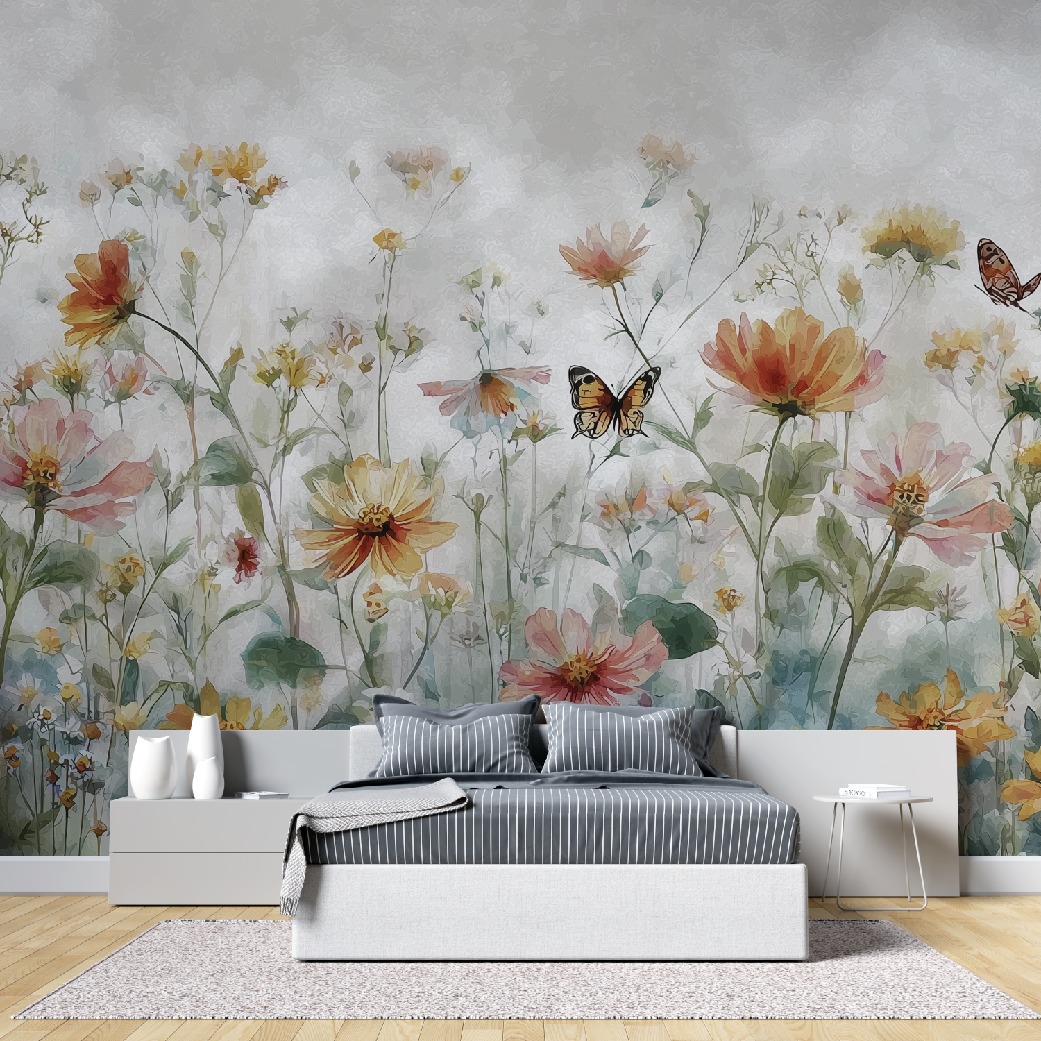 Flores mariposas acuarela papel pintado mural tete de lit