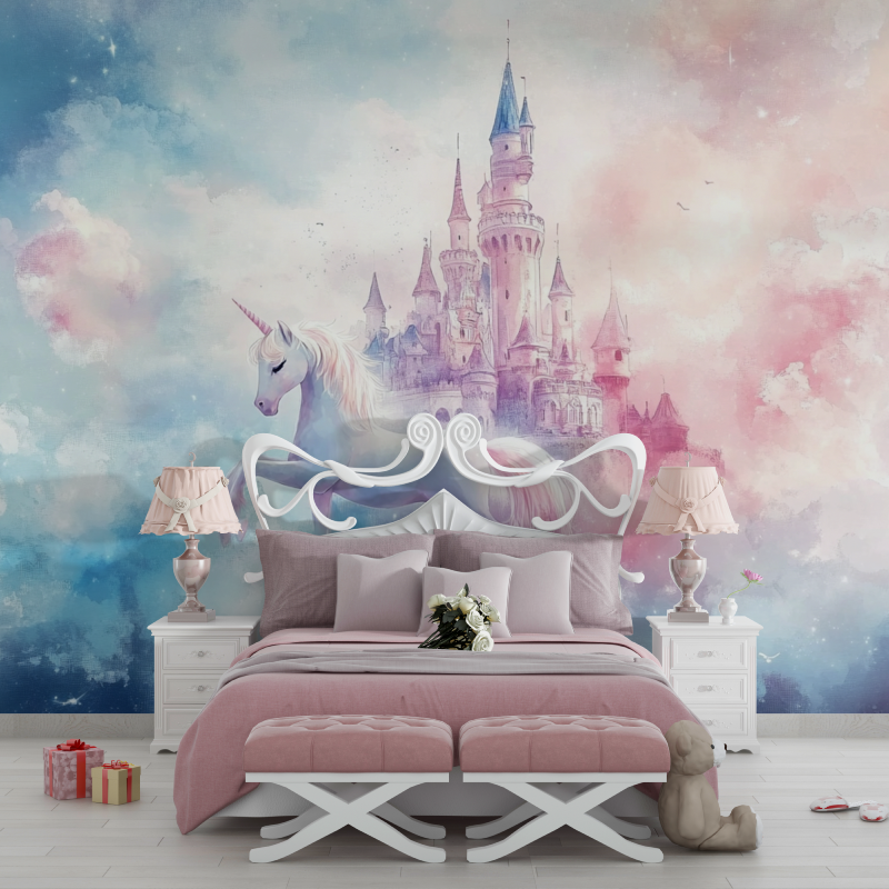 Unicorn Wallpaper for Room Decor with Clouds and Castle | Murals Wallpaper