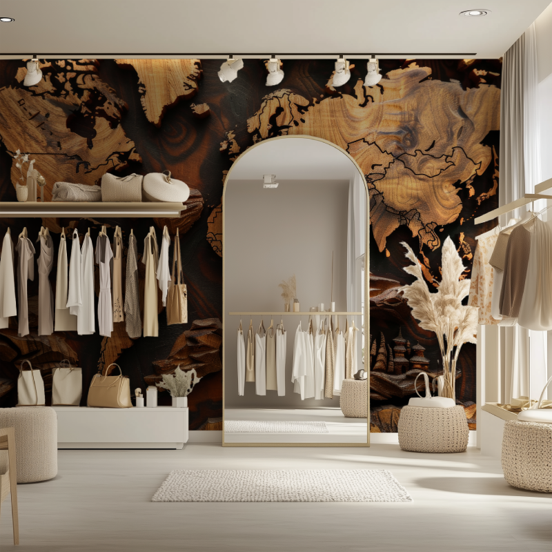 Papier peint carte du monde bois 3d dressing