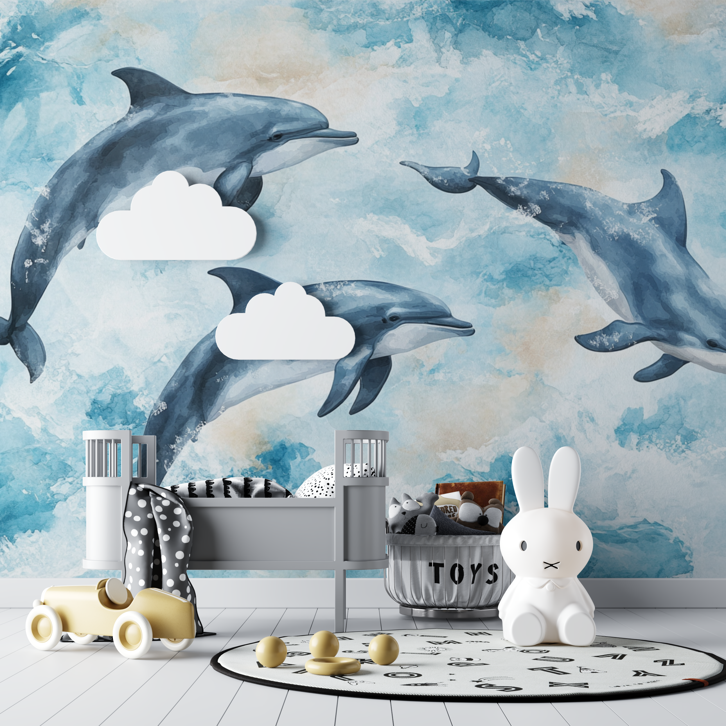 Marineblaues Aquarellpapier Dauphins Joyeux Baby Tipi