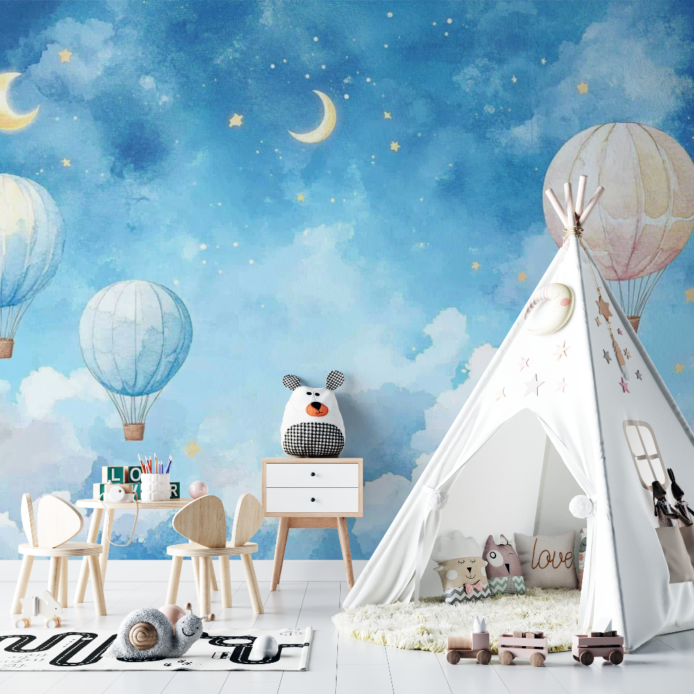 Hot Air Balloon and Night Sky Wallpaper with Moon | Murals Wallpaper