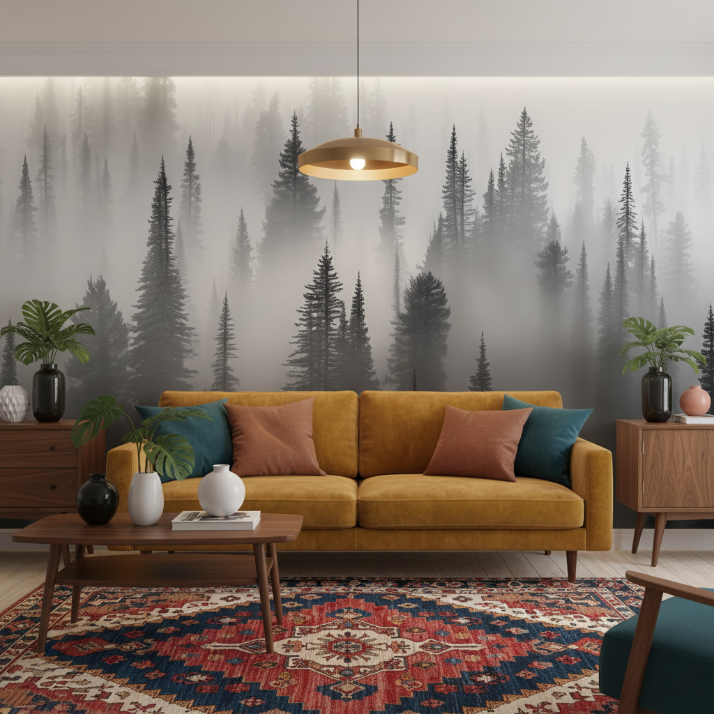 Black and White Misty Pine Forest Mural Wallpaper