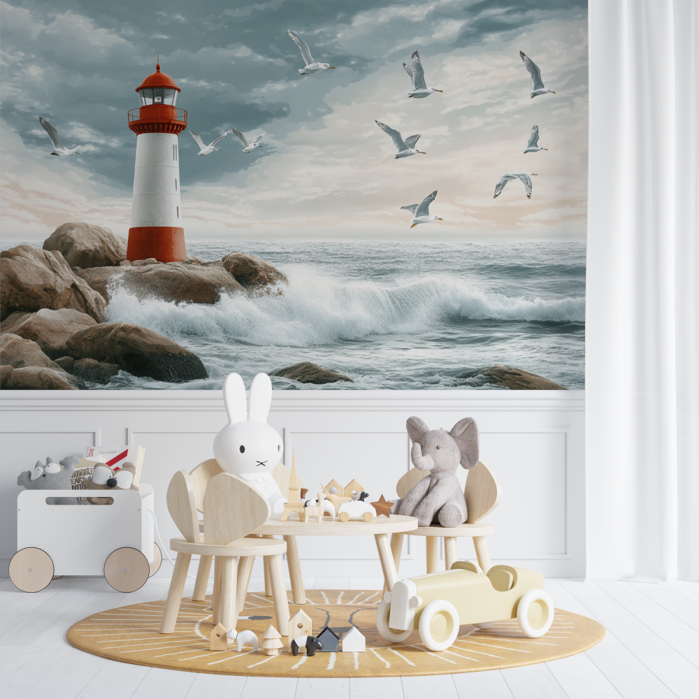 Leuchtturm- und Möwen-Tapete | Wandbildtapete
