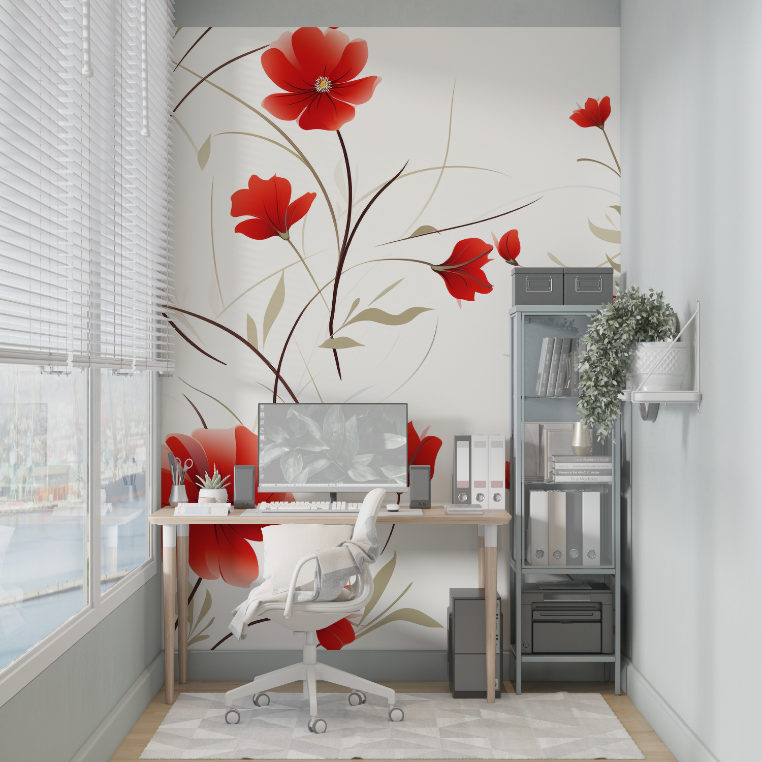 Weiße und rote Blumentapete | Wandtapete