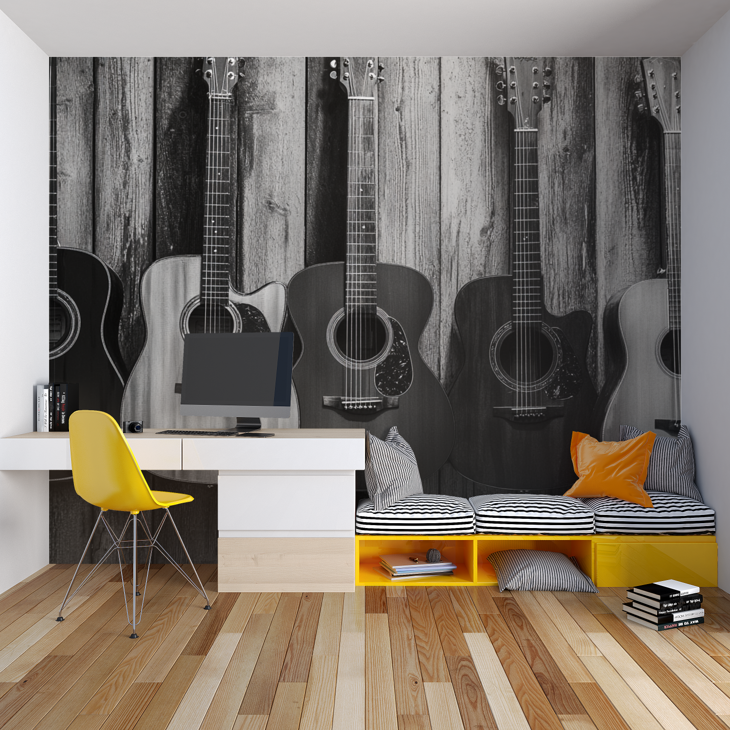 Gitarren-Hintergrundbild in Schwarz-Weiß | Wandbild-Hintergrundbild