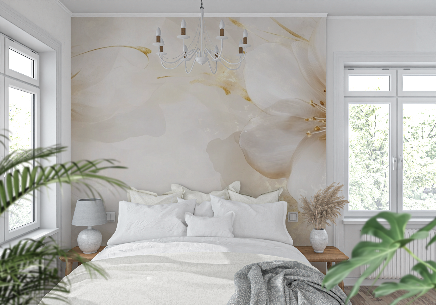 Beige and Gold Transparent Floral Wallpaper | Murals Wallpaper