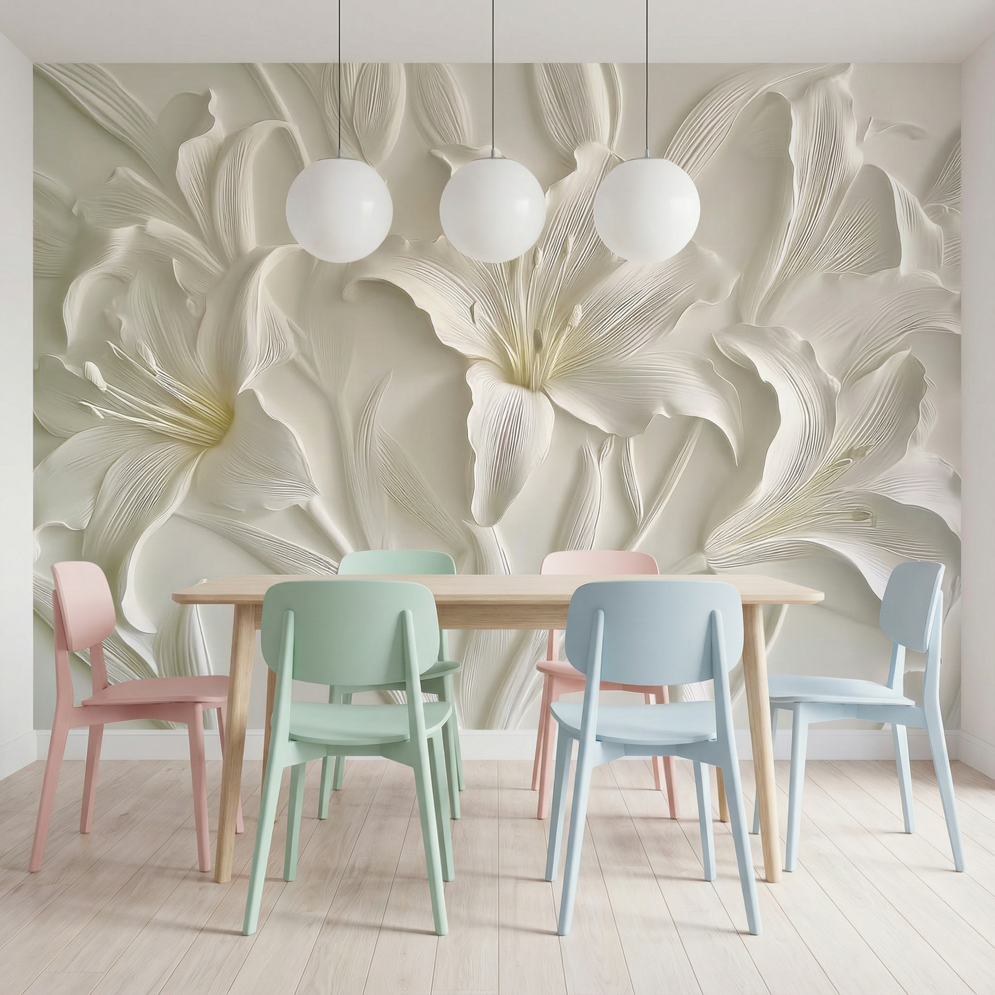 White 3D Carved Lily Flowers Mural Wallpaper