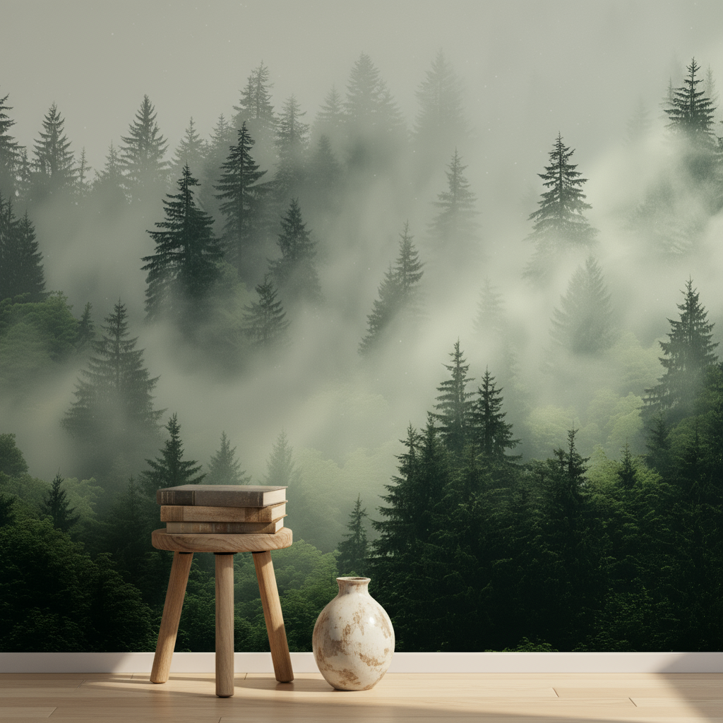 Misty Pine Forest Nature Mural Wallpaper