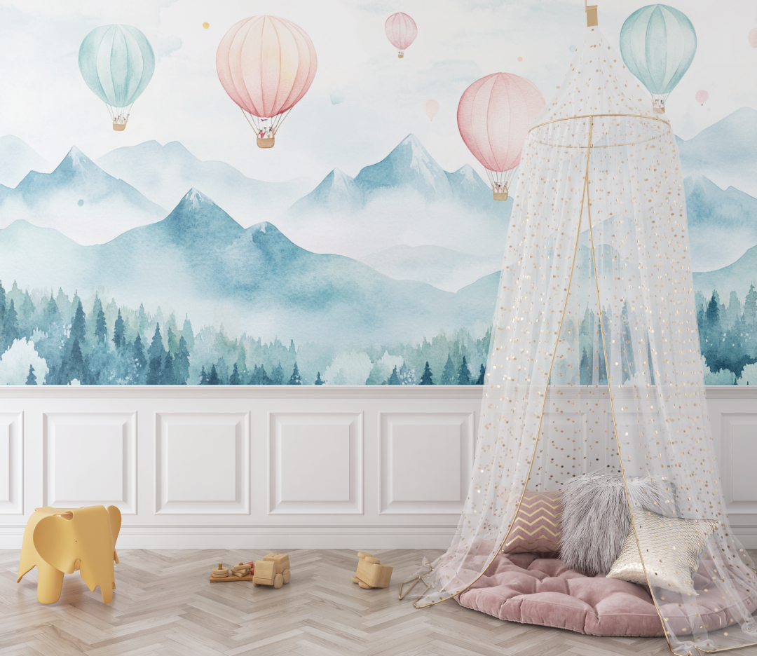 Heißluftballon und sanfte Berge Tapete | Wandbilder Tapete