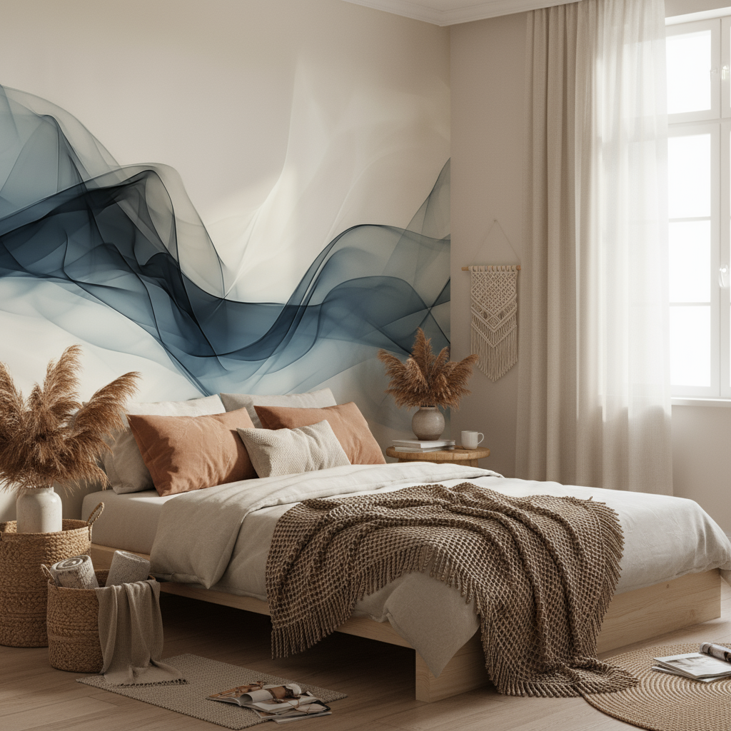 Blue Smoke Abstract Waves Mural Wallpaper