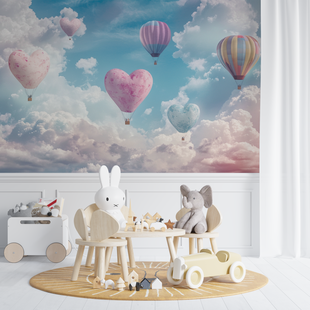 Hot Air Balloon and Heart-Shaped Clouds Wallpaper | Murals Wallpaper