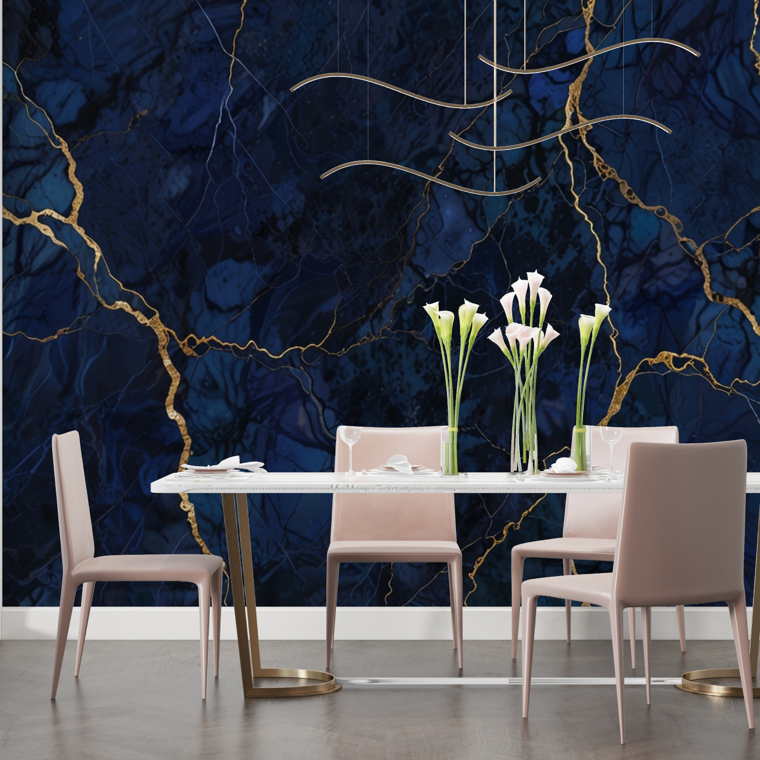 Navy Blue Golden Marble Mural Wallpaper