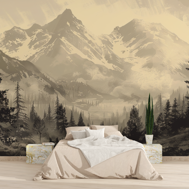 Vintage Sepia Pine and Mountain Wallpaper | Murals Wallpaper