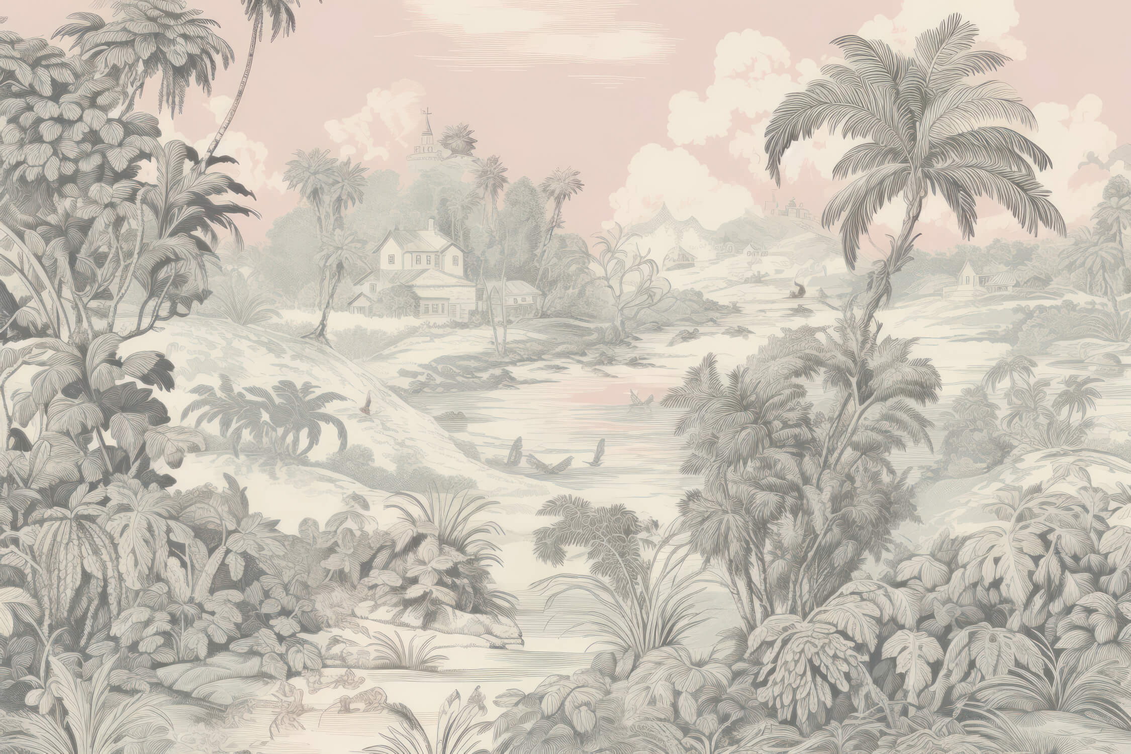 Toile de Jouy Pink Beige Wallpaper | Murals Wallpaper