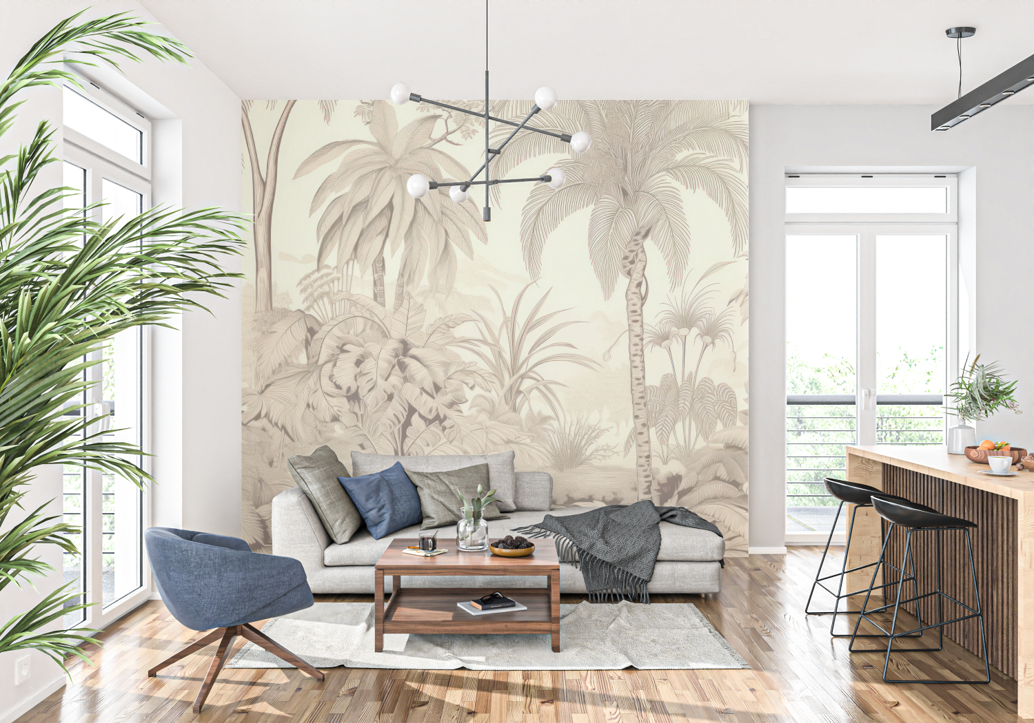 Jungle Beige Toile de Jouy Wallpaper | Murals Wallpaper