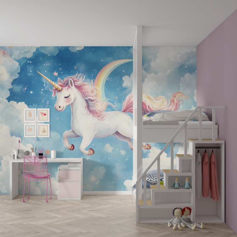 Unicorn Wallpaper Decoration for Boy's Room with Rainbow and Blue Sky | Murals Wallpaper