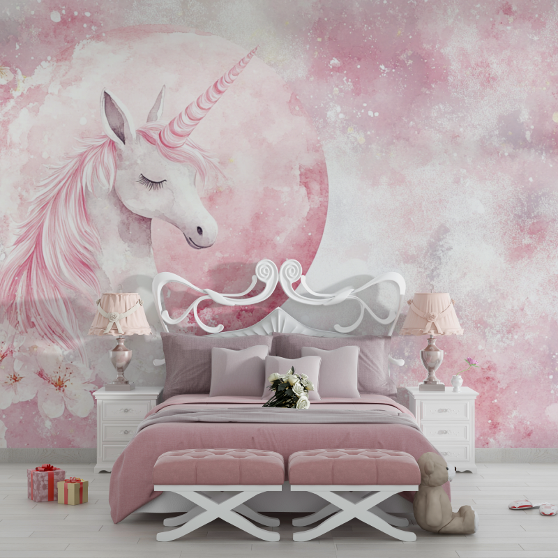 Unicorn Decor Wallpaper for Teen Room Pink Moon | Murals Wallpaper