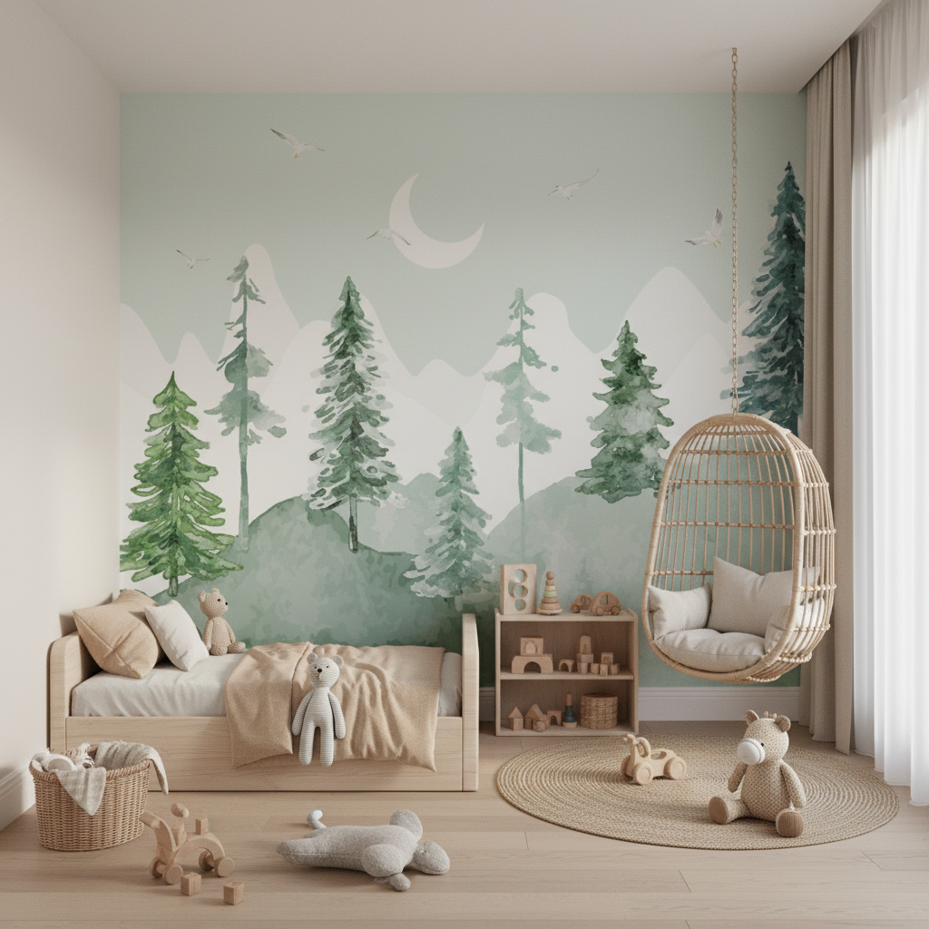 Mural Classic Baby Wallpaper Watercolor Green Forest