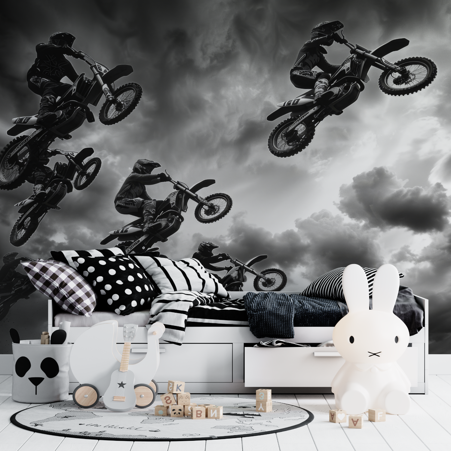 Teenager-Motorradrennen – Schwarz-Weiß-Tapete | Wandbild-Tapete