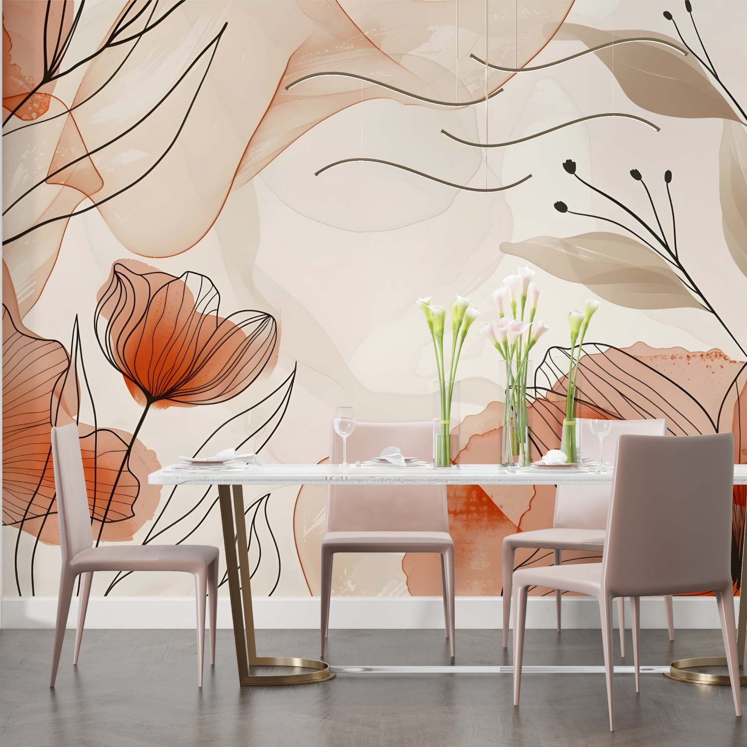 Flower Lines Terracotta Mural Wallpaper