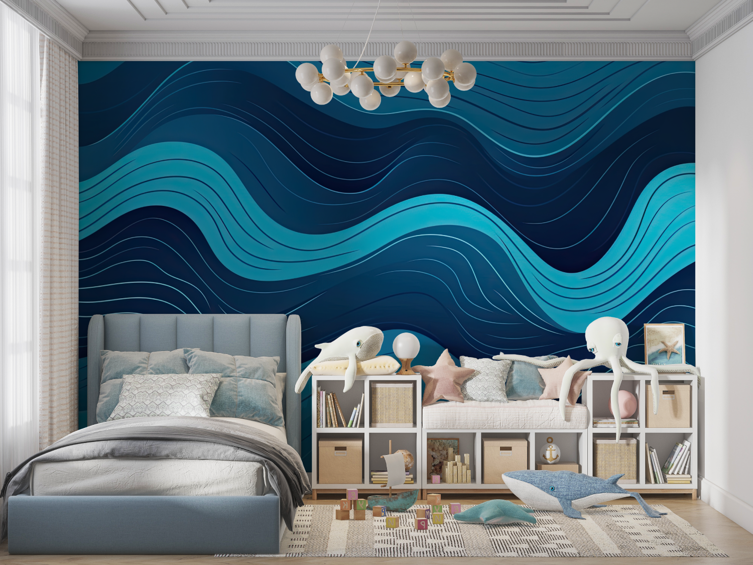 Teenager-Tapete mit Marineblau-Wellenmuster | Wandtapete