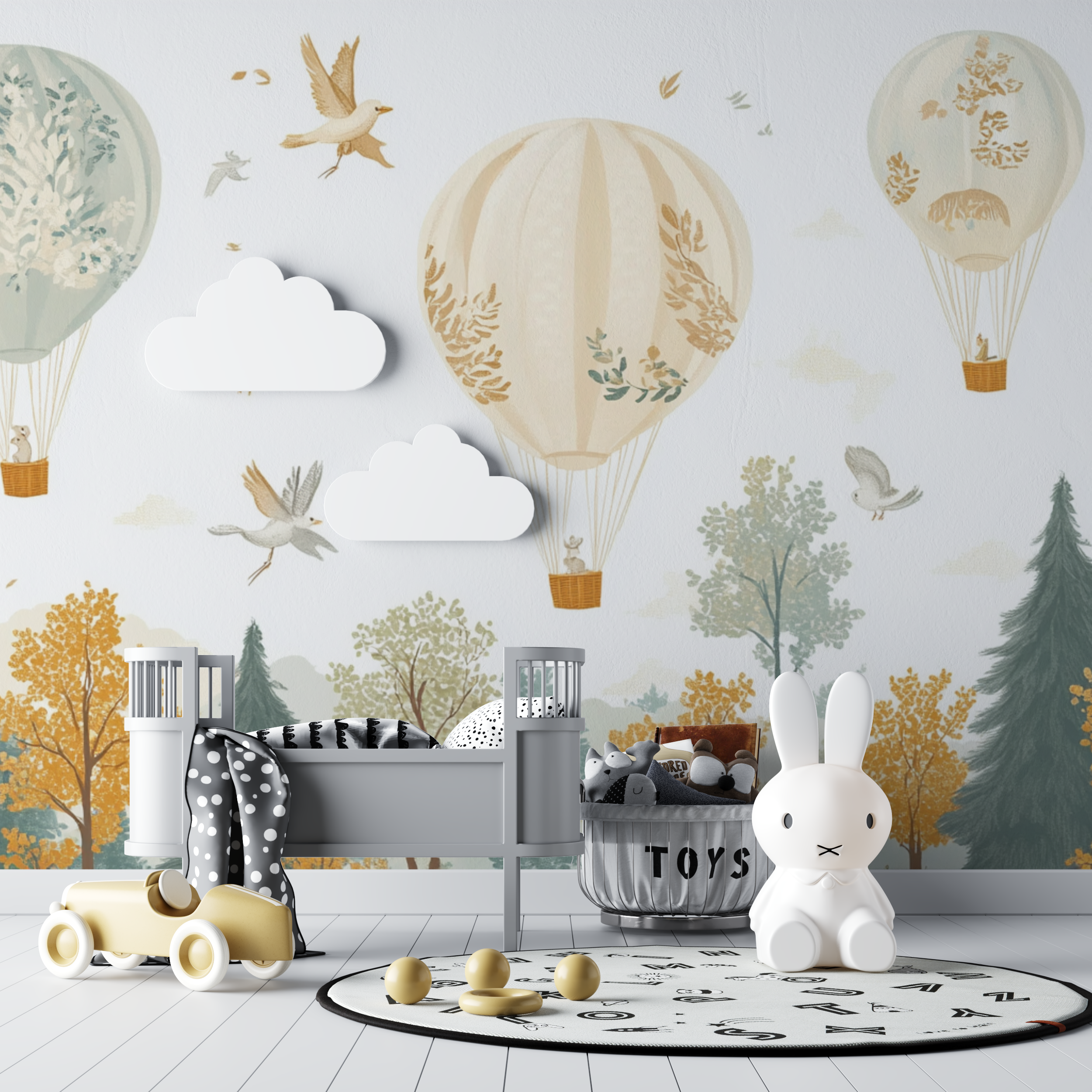 Papel de parede Balão de ar quente e animais da floresta | Papel de parede Murals