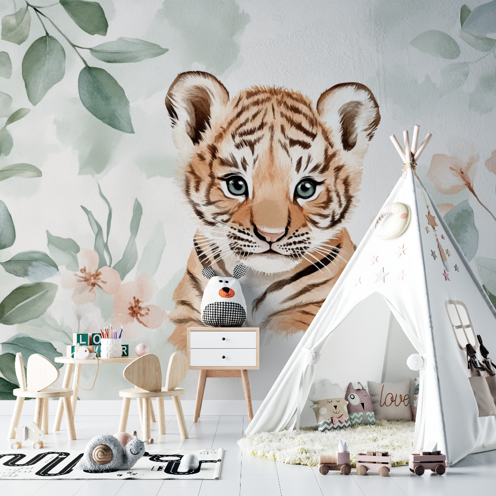 Tiger and Eucalyptus Leaves Wallpaper | Murals Wallpaper