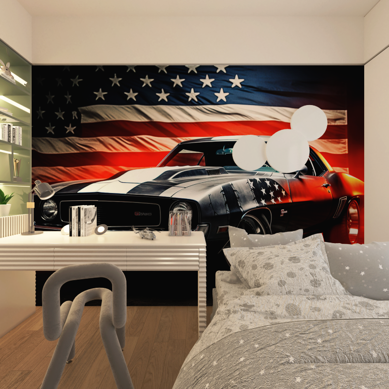 Amerikanisches Auto-Wallpaper mit Flagge | Wandbild-Wallpaper
