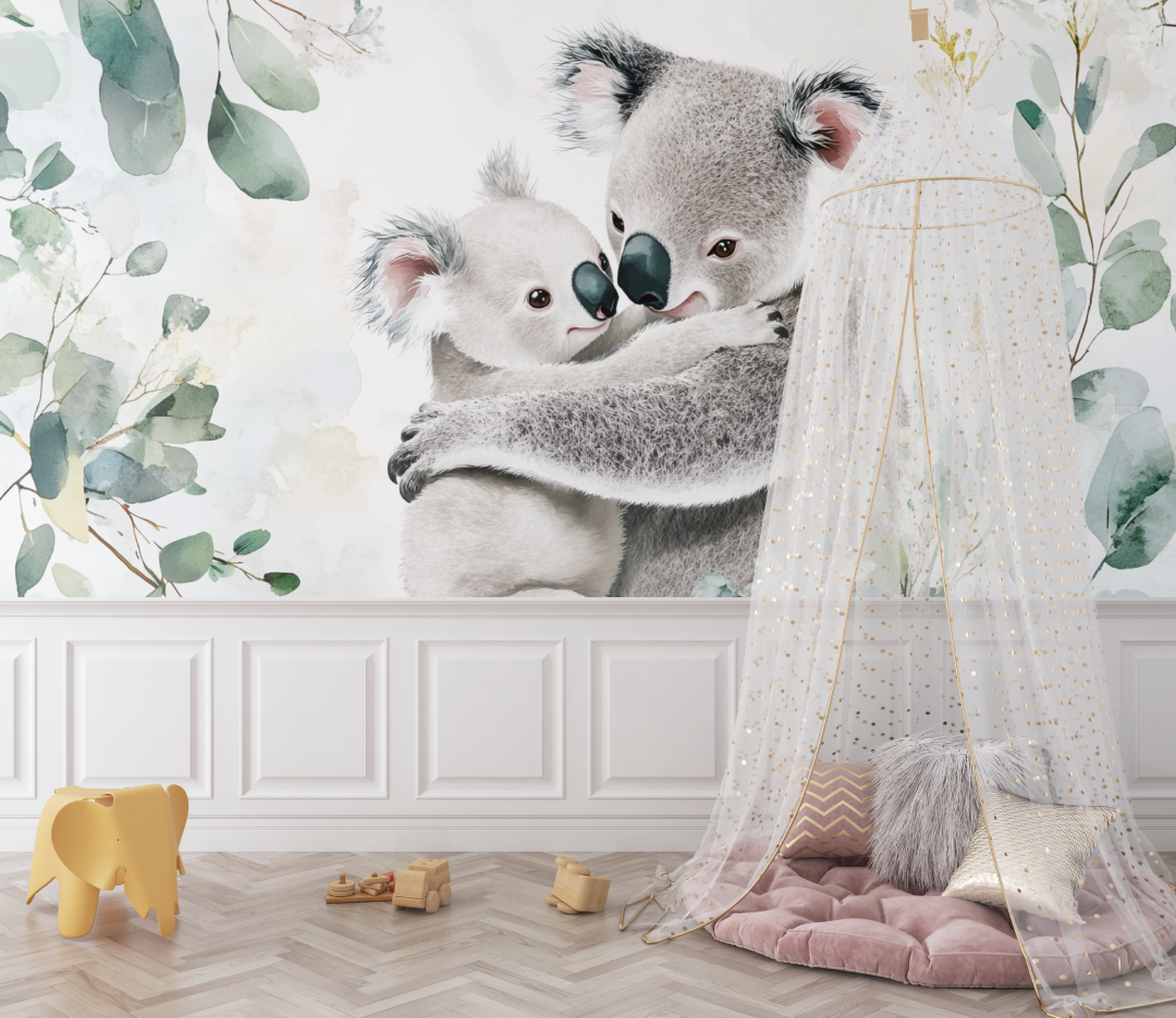 Koala Wallpaper Cuddled Against Its Mom | Murals Wallpaper