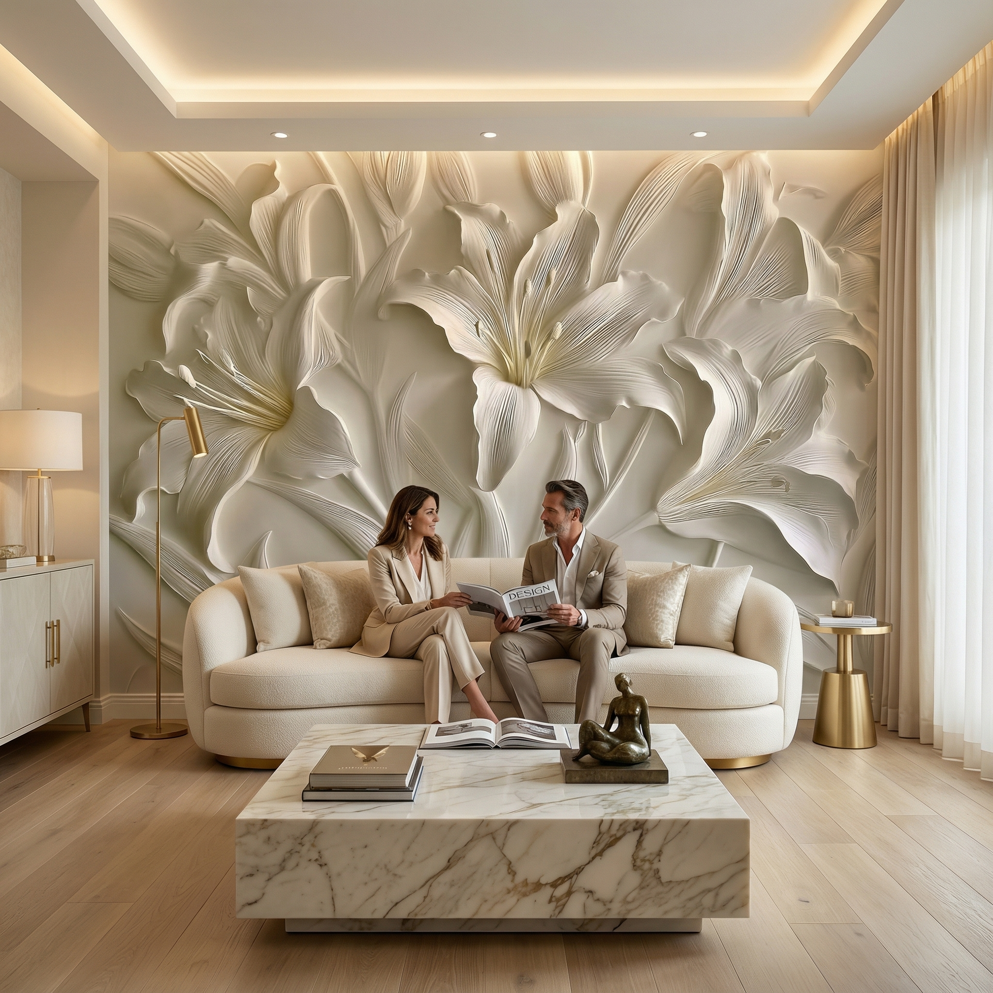 White 3D Carved Lily Flowers Mural Wallpaper