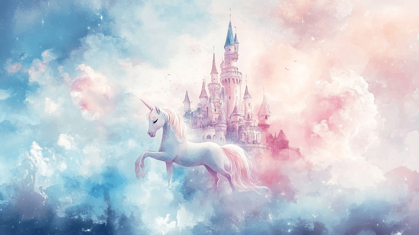 Unicorn Wallpaper for Room Decor with Clouds and Castle | Murals Wallpaper