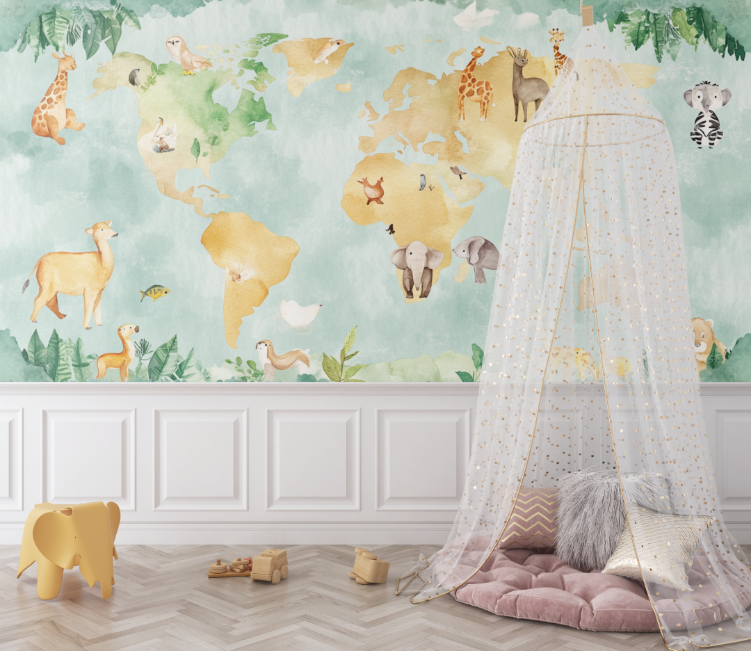 Colored World Map Wallpaper with Animals | Murals Wallpaper