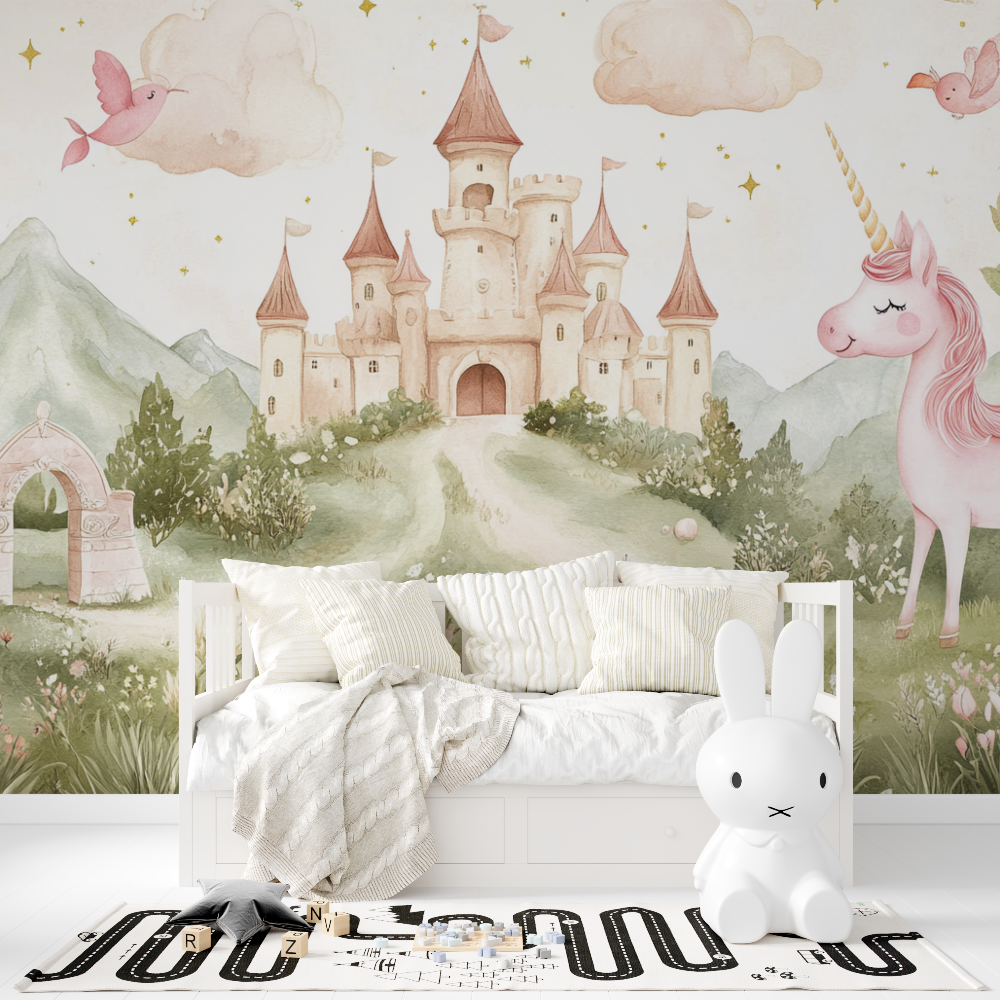 Unicorn Room Wallpaper with Castle and Rainbow Decor | Murals Wallpaper