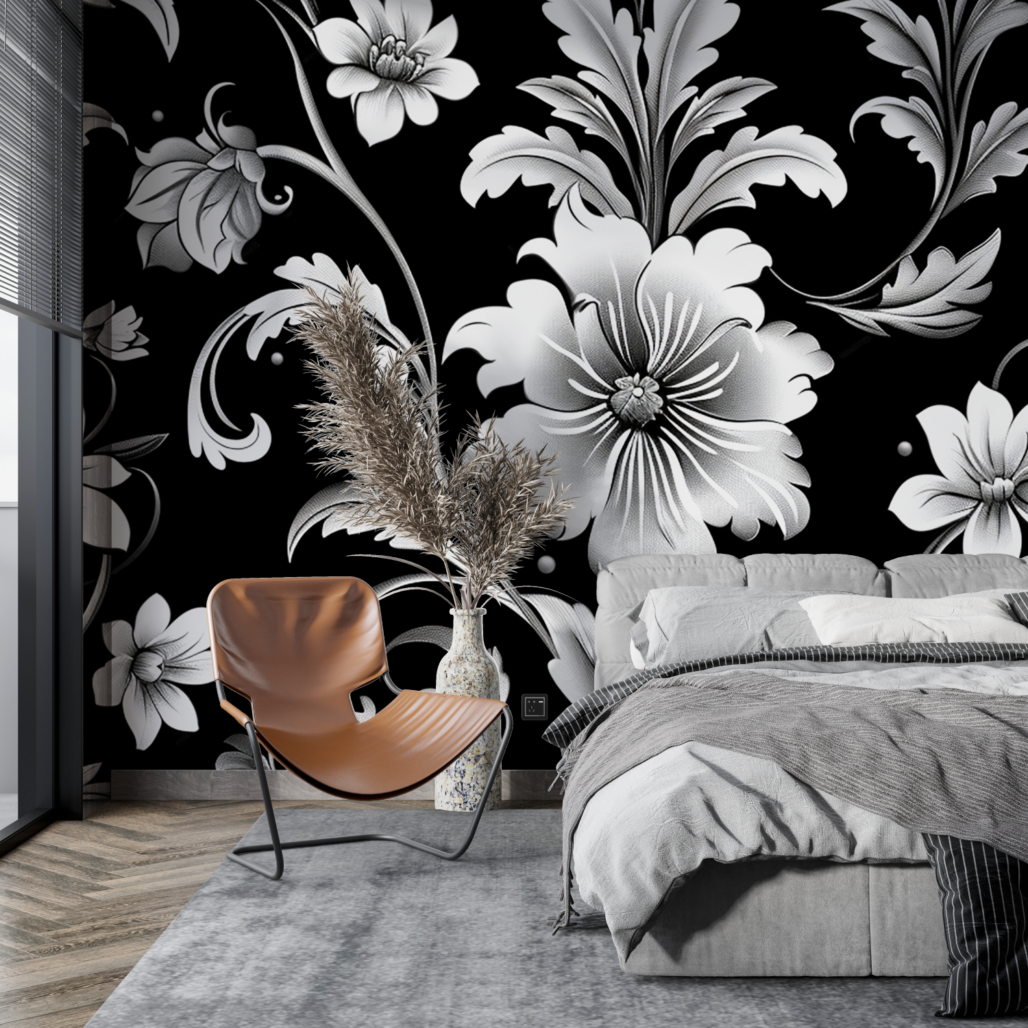 Schwarze Blumentapete | Wandtapete