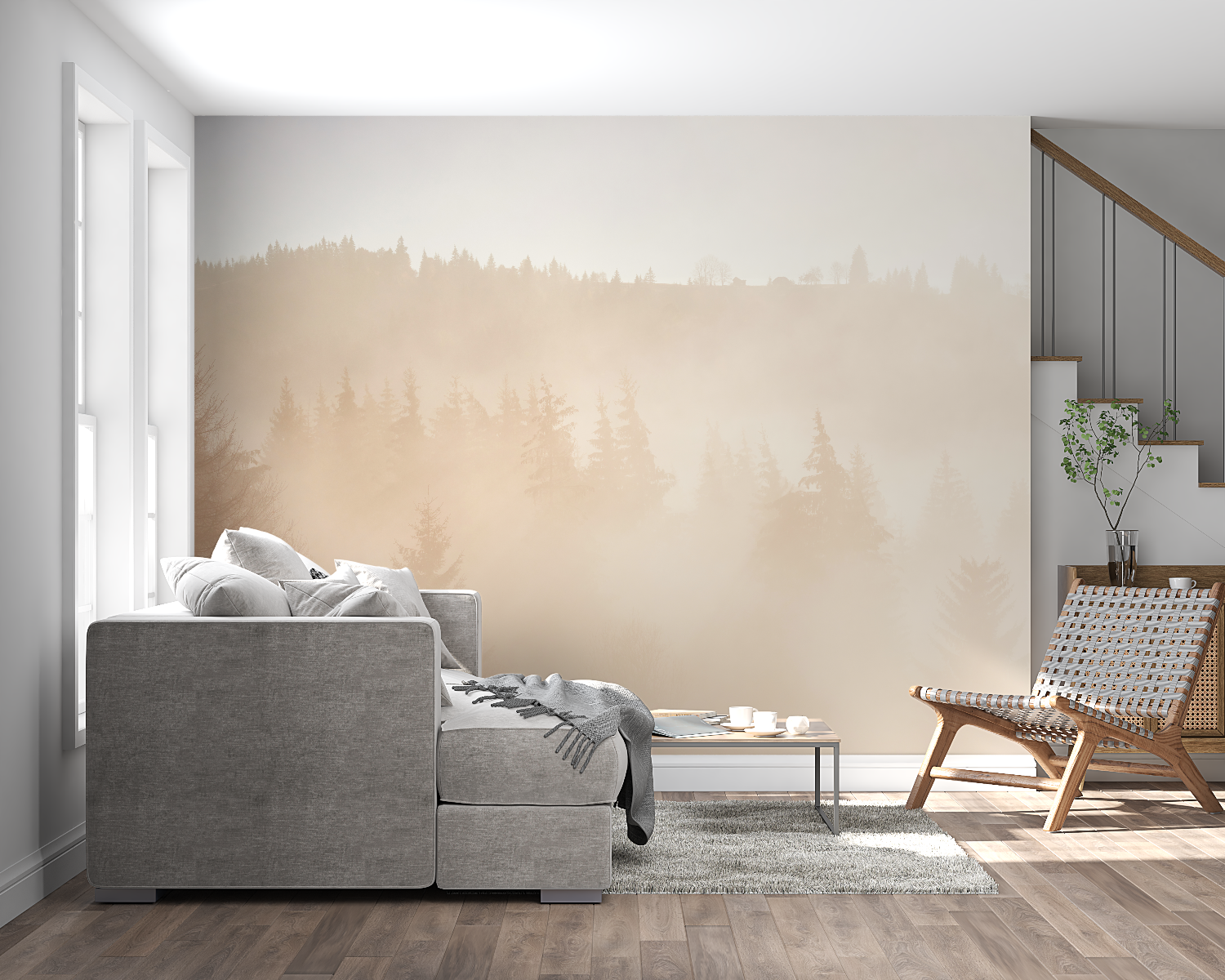 Tapeten-Wandbild „Cocooning foret brumeuse panoramique“.
