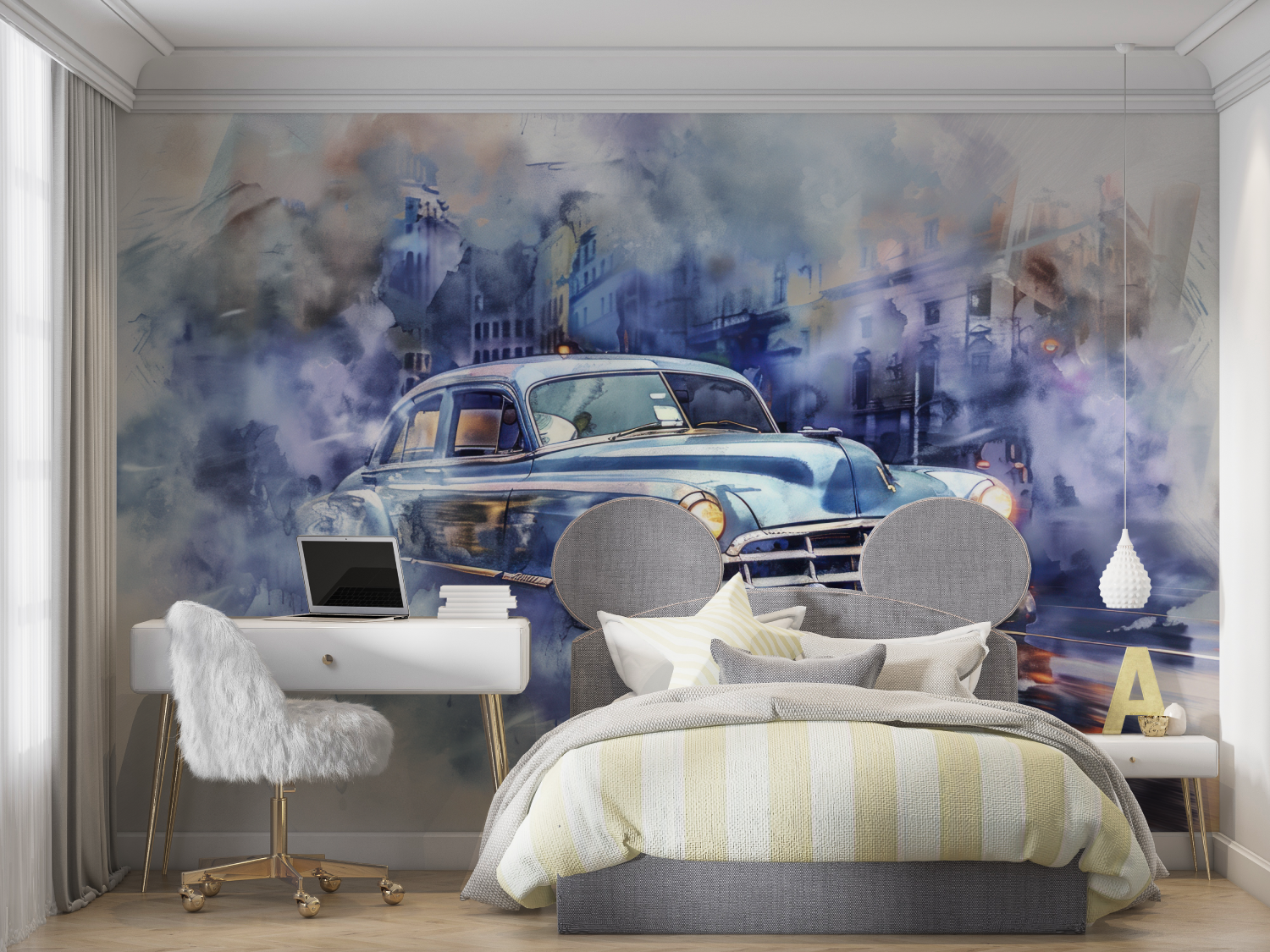 Cuban Car Blue Watercolor Wallpaper | Murals Wallpaper