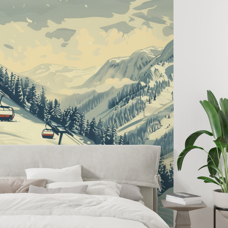 Colorful Skiers Gondola Wallpaper | Murals Wallpaper